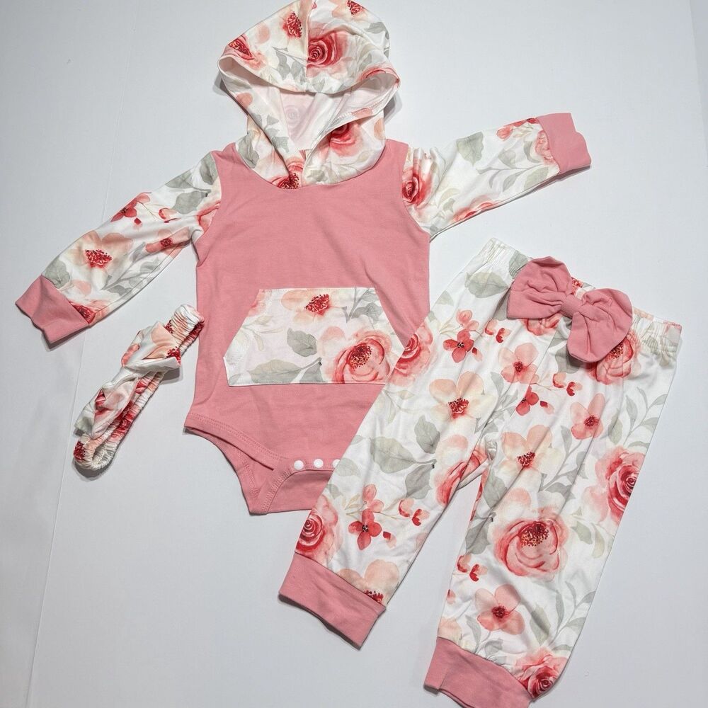 Infant Girl Floral Lounge Set Boutique Coquette Pink Outfit 3-6M 4 Piece NEW